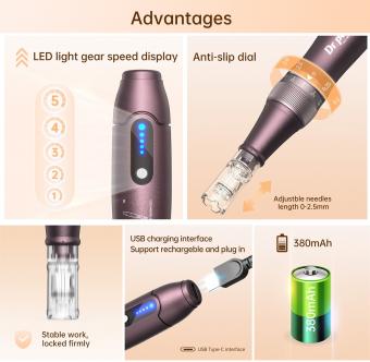 Dr. Pen A10 Electric Microneedling Dermapen, with 2pcs per 12/24/36/42/Nano S/R/3D/5D Needle Cartridges